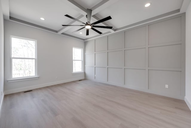 6221 Alexandra Pl, Chattanooga, TN 37416 - empty room with a decorative wall, coffered ceiling, beamed ceiling, baseboards, and ceiling fan