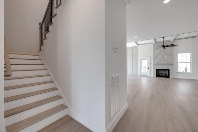 6221 Alexandra Pl, Chattanooga, TN 37416 - staircase featuring ceiling fan, recessed lighting, wood finished floors, a fireplace, and baseboards
