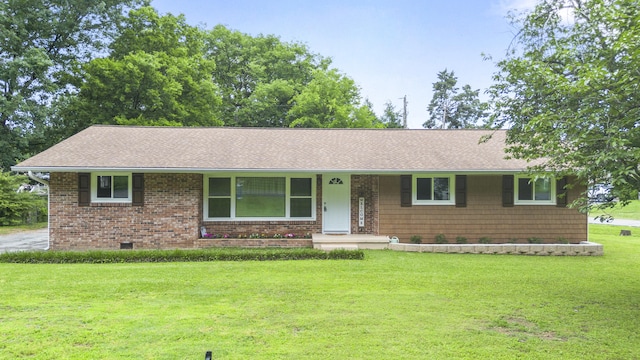 1331 Phils Dr, Chattanooga, TN 37421 - ranch-style house with a front yard, crawl space, roof with shingles, covered porch, and brick siding