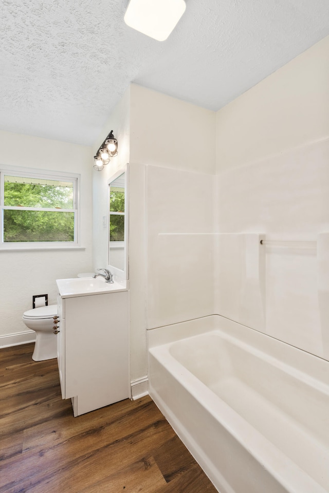 1331 Phils Dr, Chattanooga, TN 37421 - bathroom with vanity, wood finished floors, a tub to relax in, a textured ceiling, and toilet