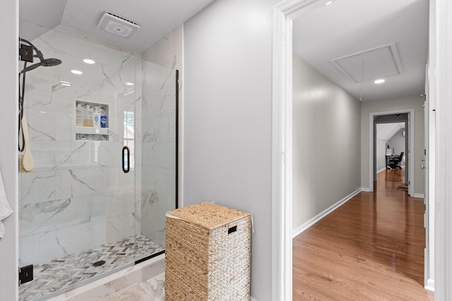9334 Royal Mountain Dr, Chattanooga, TN 37421 - bathroom with a marble finish shower, wood finished floors, and recessed lighting