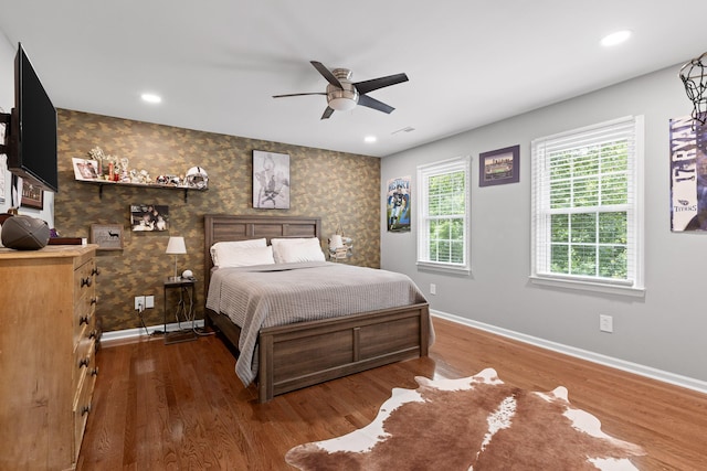 9334 Royal Mountain Dr, Chattanooga, TN 37421 - bedroom featuring wood finished floors, wallpapered walls, recessed lighting, and a ceiling fan