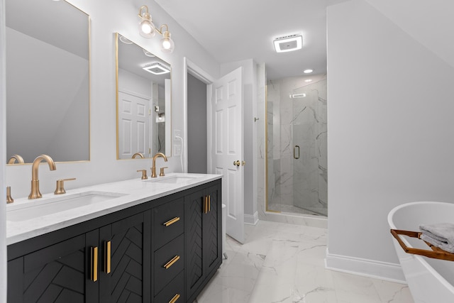 9334 Royal Mountain Dr, Chattanooga, TN 37421 - full bathroom with marble look tiles, a marble finish shower, a freestanding tub, and double vanity
