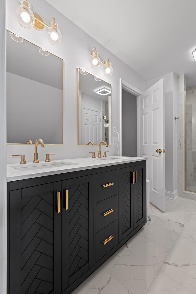 9334 Royal Mountain Dr, Chattanooga, TN 37421 - full bathroom featuring double vanity, marble look tiles, and a marble finish shower