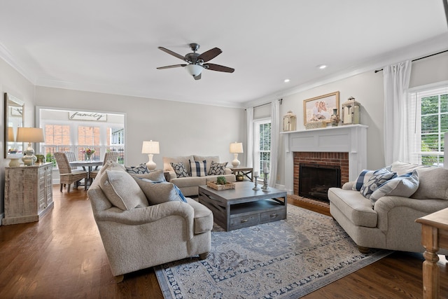 9334 Royal Mountain Dr, Chattanooga, TN 37421 - living area with crown molding, wood finished floors, a ceiling fan, a fireplace, and recessed lighting