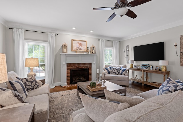 9334 Royal Mountain Dr, Chattanooga, TN 37421 - living area featuring ornamental molding, plenty of natural light, wood finished floors, a fireplace, and a ceiling fan