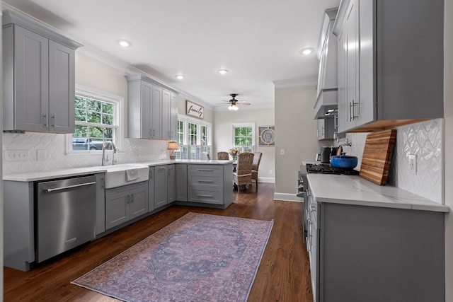 9334 Royal Mountain Dr, Chattanooga, TN 37421 - kitchen with dishwasher, gray cabinets, a ceiling fan, ornamental molding, and a peninsula