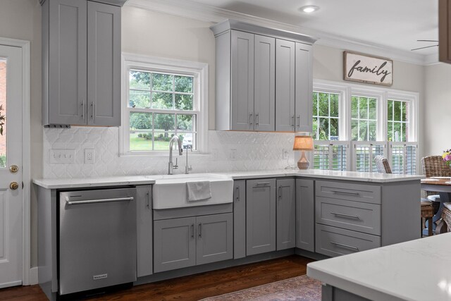9334 Royal Mountain Dr, Chattanooga, TN 37421 - kitchen featuring dishwasher, gray cabinets, ornamental molding, dark wood-style floors, and tasteful backsplash