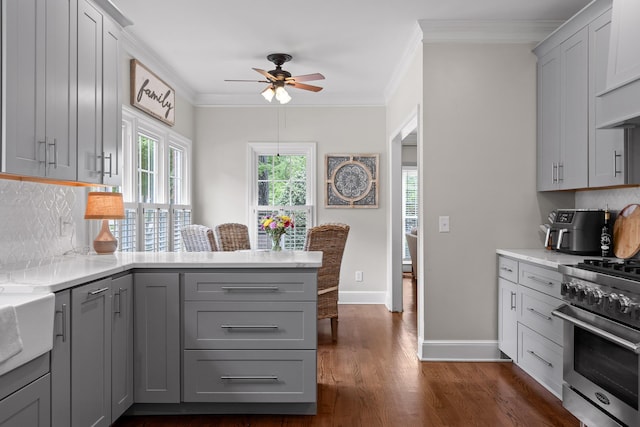 9334 Royal Mountain Dr, Chattanooga, TN 37421 - kitchen with gray cabinets, high end stainless steel range oven, a peninsula, backsplash, and ornamental molding