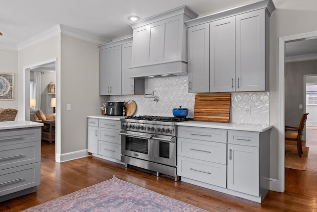 9334 Royal Mountain Dr, Chattanooga, TN 37421 - kitchen featuring range with two ovens, gray cabinetry, ornamental molding, light countertops, and dark wood finished floors