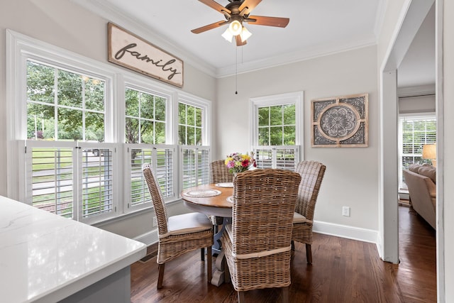 9334 Royal Mountain Dr, Chattanooga, TN 37421 - dining room with crown molding, wood finished floors, and a ceiling fan