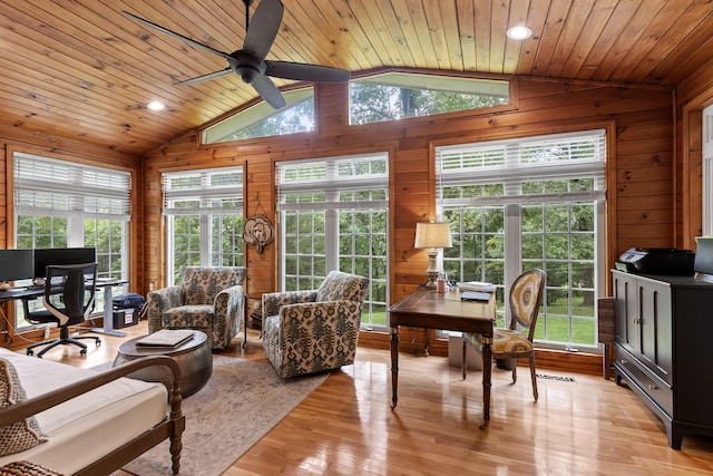 9334 Royal Mountain Dr, Chattanooga, TN 37421 - office area with vaulted ceiling, ceiling fan, wooden walls, light wood-style floors, and wooden ceiling