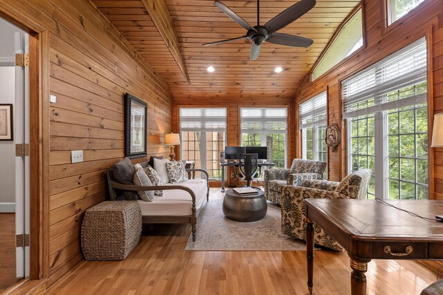 9334 Royal Mountain Dr, Chattanooga, TN 37421 - living room featuring lofted ceiling, wooden walls, healthy amount of natural light, wood ceiling, and ceiling fan