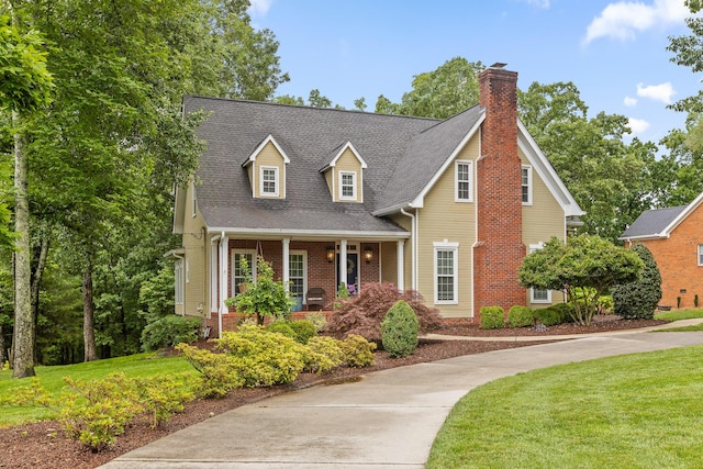 9334 Royal Mountain Dr, Chattanooga, TN 37421 - new england style home with a front yard, a chimney, covered porch, brick siding, and roof with shingles