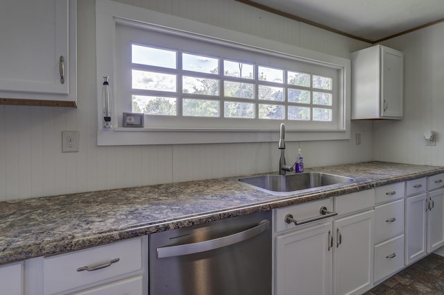 109 S Clear Springs Rd, Limestone, TN 37681 - kitchen with dishwasher, a sink, white cabinets, dark countertops, and crown molding