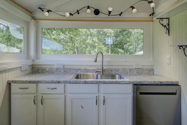 109 S Clear Springs Rd, Limestone, TN 37681 - kitchen with dishwasher, a sink, white cabinets, and wooden walls