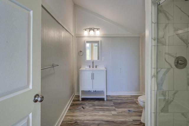 109 S Clear Springs Rd, Limestone, TN 37681 - bathroom featuring toilet, wood finished floors, vanity, a shower stall, and lofted ceiling