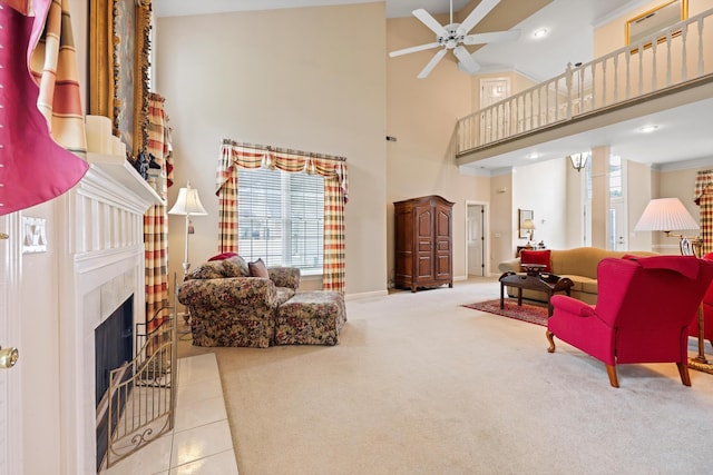 8207 Carriage Xing, Chattanooga, TN 37421 - living room with healthy amount of natural light, a towering ceiling, carpet floors, a ceiling fan, and recessed lighting