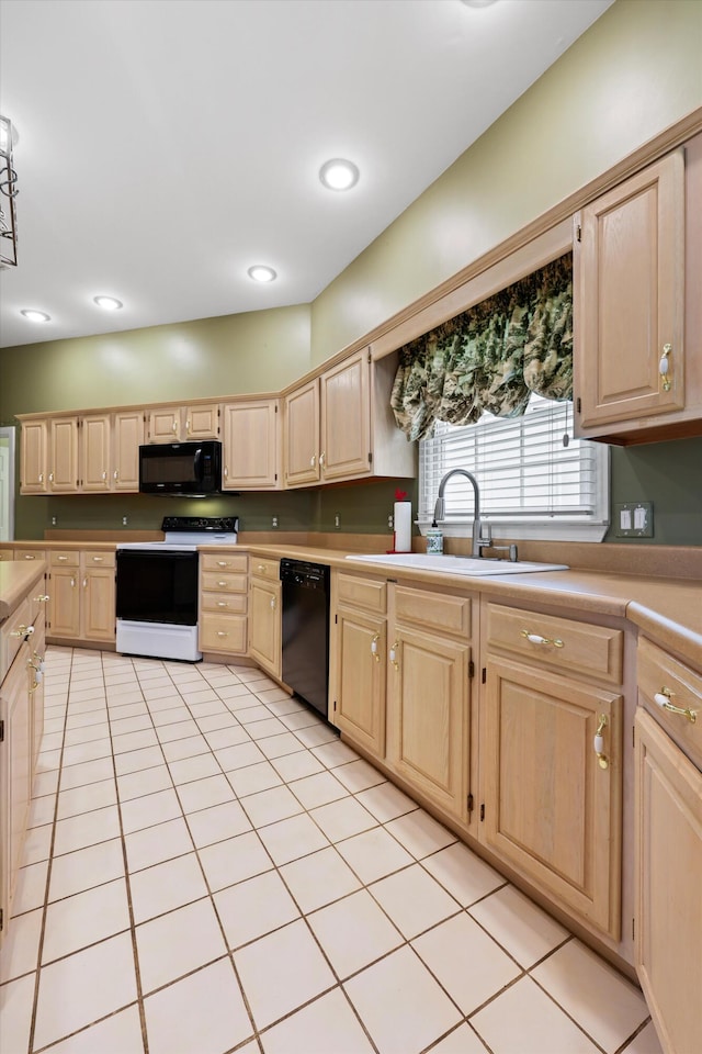 8207 Carriage Xing, Chattanooga, TN 37421 - kitchen featuring black appliances, light brown cabinets, a sink, light countertops, and light tile patterned floors