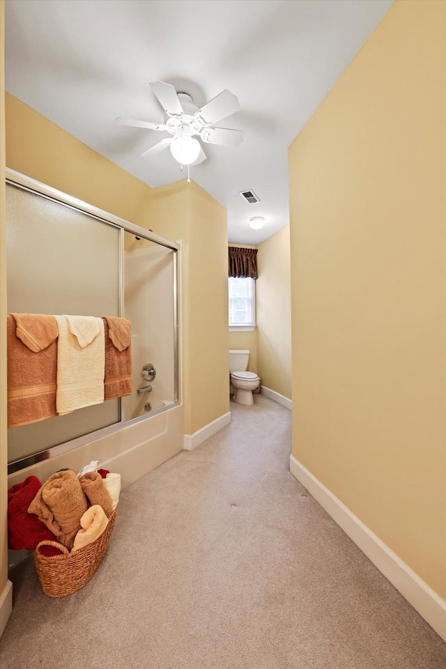 8207 Carriage Xing, Chattanooga, TN 37421 - full bathroom featuring carpet flooring, toilet, a ceiling fan, enclosed tub / shower combo, and baseboards