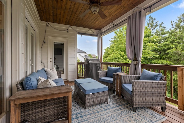 4867 Preserve Dr, Chattanooga, TN 37416 - wooden deck featuring a ceiling fan, an outdoor living space, and area for grilling