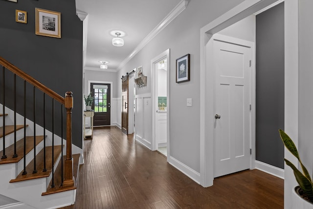 4867 Preserve Dr, Chattanooga, TN 37416 - entryway featuring crown molding, dark wood-style floors, stairs, and baseboards
