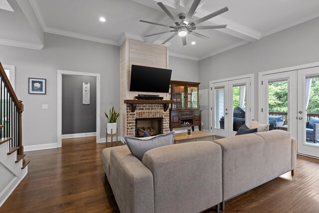 4867 Preserve Dr, Chattanooga, TN 37416 - living room with french doors, stairs, a ceiling fan, dark wood finished floors, and a brick fireplace