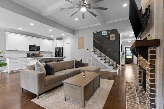 4867 Preserve Dr, Chattanooga, TN 37416 - living area featuring stairs, ornamental molding, recessed lighting, beamed ceiling, and a ceiling fan