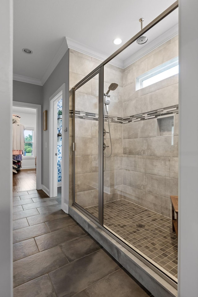 4867 Preserve Dr, Chattanooga, TN 37416 - full bathroom with a stall shower, crown molding, recessed lighting, and baseboards