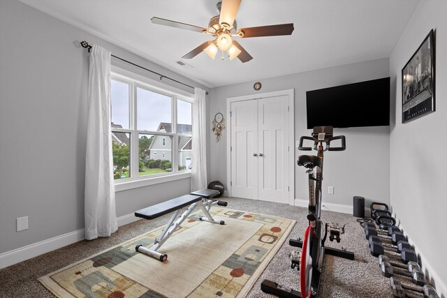 4867 Preserve Dr, Chattanooga, TN 37416 - workout area featuring a ceiling fan, carpet flooring, and baseboards