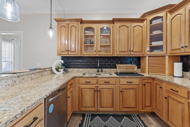 1549 Leighton Dr, Soddy Daisy, TN 37379 - kitchen with stainless steel dishwasher, a sink, ornamental molding, light stone countertops, and decorative backsplash
