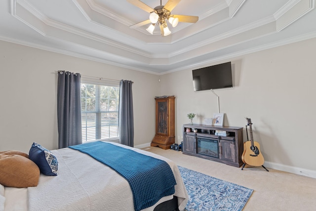 1549 Leighton Dr, Soddy Daisy, TN 37379 - bedroom featuring a raised ceiling, ornamental molding, carpet flooring, ceiling fan, and baseboards