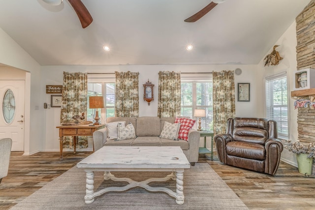 201 N Tibbs Rd, Dalton, GA 30720 - living room with ceiling fan, vaulted ceiling, healthy amount of natural light, wood finished floors, and recessed lighting