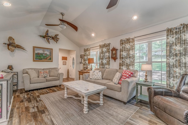 201 N Tibbs Rd, Dalton, GA 30720 - living room featuring ceiling fan, wood finished floors, lofted ceiling, and recessed lighting