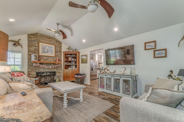 201 N Tibbs Rd, Dalton, GA 30720 - living area featuring ceiling fan, lofted ceiling, wood finished floors, a fireplace, and recessed lighting