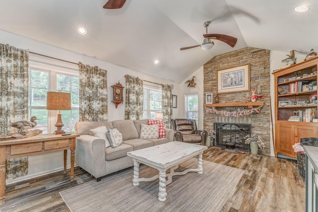 201 N Tibbs Rd, Dalton, GA 30720 - living room featuring a ceiling fan, lofted ceiling, wood finished floors, healthy amount of natural light, and recessed lighting