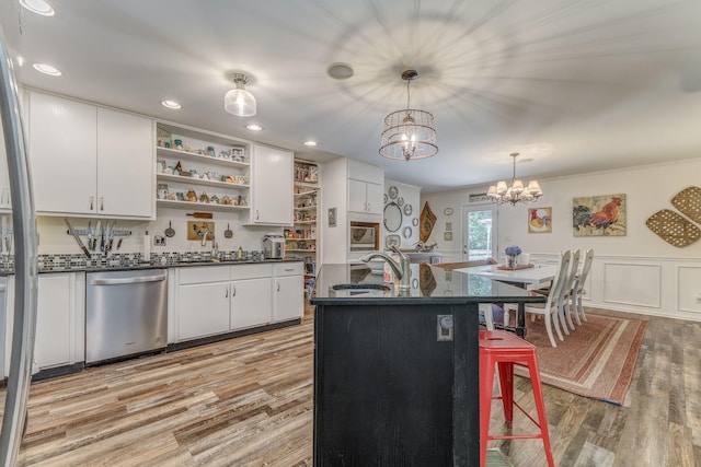 201 N Tibbs Rd, Dalton, GA 30720 - kitchen with stainless steel dishwasher, a chandelier, light wood-style floors, open shelves, and white cabinets