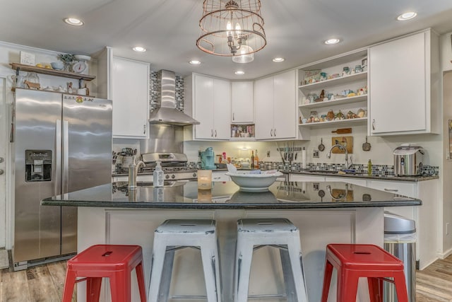 201 N Tibbs Rd, Dalton, GA 30720 - kitchen with open shelves, wall chimney range hood, appliances with stainless steel finishes, white cabinets, and recessed lighting