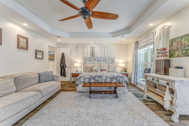 201 N Tibbs Rd, Dalton, GA 30720 - bedroom with a raised ceiling, recessed lighting, a ceiling fan, and wood finished floors