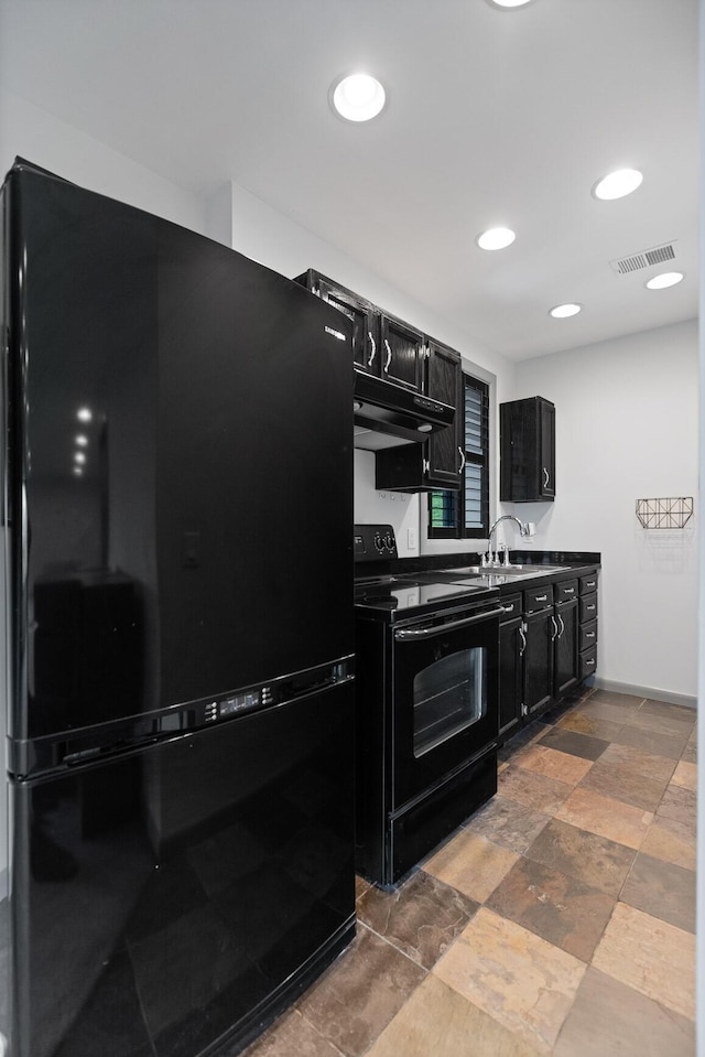 702 S Crest Rd, Chattanooga, TN 37404 - kitchen featuring black appliances, dark cabinetry, ventilation hood, stone finish flooring, and recessed lighting