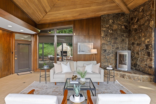 702 S Crest Rd, Chattanooga, TN 37404 - living room featuring wooden ceiling, vaulted ceiling, wood walls, and a fireplace