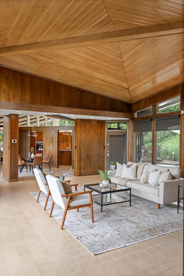 702 S Crest Rd, Chattanooga, TN 37404 - living room featuring wooden ceiling, plenty of natural light, wooden walls, and high vaulted ceiling