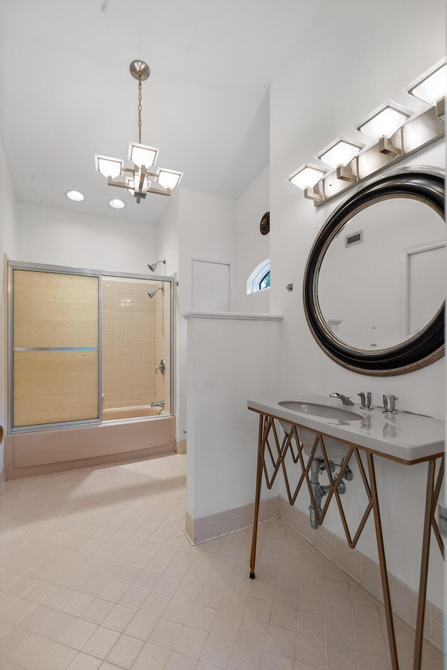 702 S Crest Rd, Chattanooga, TN 37404 - bathroom with enclosed tub / shower combo, tile patterned floors, baseboards, and a chandelier