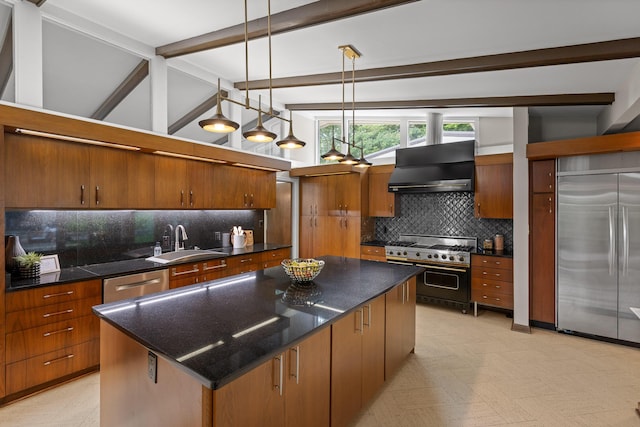 702 S Crest Rd, Chattanooga, TN 37404 - kitchen with appliances with stainless steel finishes, extractor fan, a sink, backsplash, and brown cabinetry