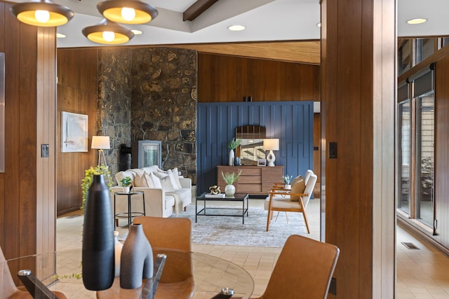 702 S Crest Rd, Chattanooga, TN 37404 - dining room with wood walls, light tile patterned flooring, recessed lighting, and plenty of natural light