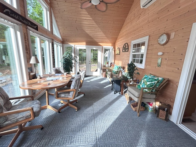 308 Bennie Camp Rd, Dunlap, TN 37327 - sunroom / solarium featuring french doors, lofted ceiling, plenty of natural light, and a wall mounted air conditioner
