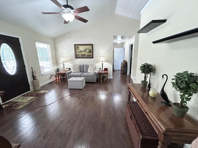 308 Bennie Camp Rd, Dunlap, TN 37327 - living room with lofted ceiling, ceiling fan, wood finished floors, and baseboards