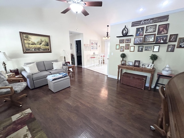 308 Bennie Camp Rd, Dunlap, TN 37327 - living area featuring a ceiling fan, wood finished floors, recessed lighting, baseboards, and lofted ceiling