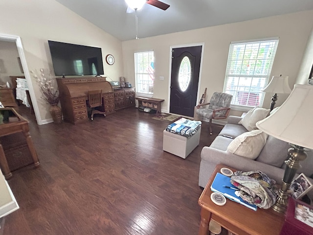 308 Bennie Camp Rd, Dunlap, TN 37327 - living room with wood finished floors, lofted ceiling, ceiling fan, and baseboards