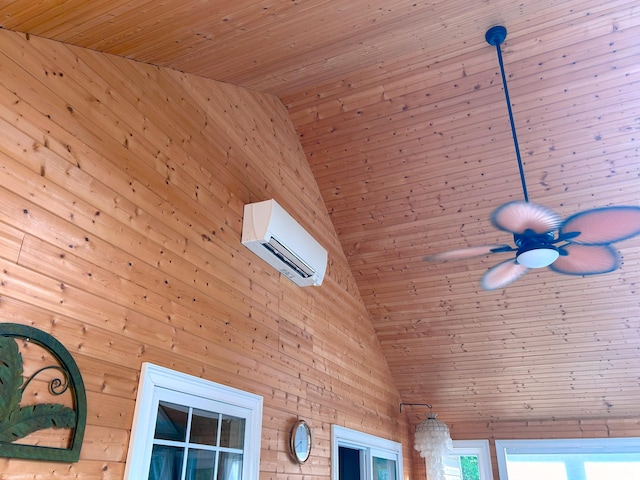 308 Bennie Camp Rd, Dunlap, TN 37327 - detailed view of an AC wall unit, wood ceiling, ceiling fan, and wooden walls